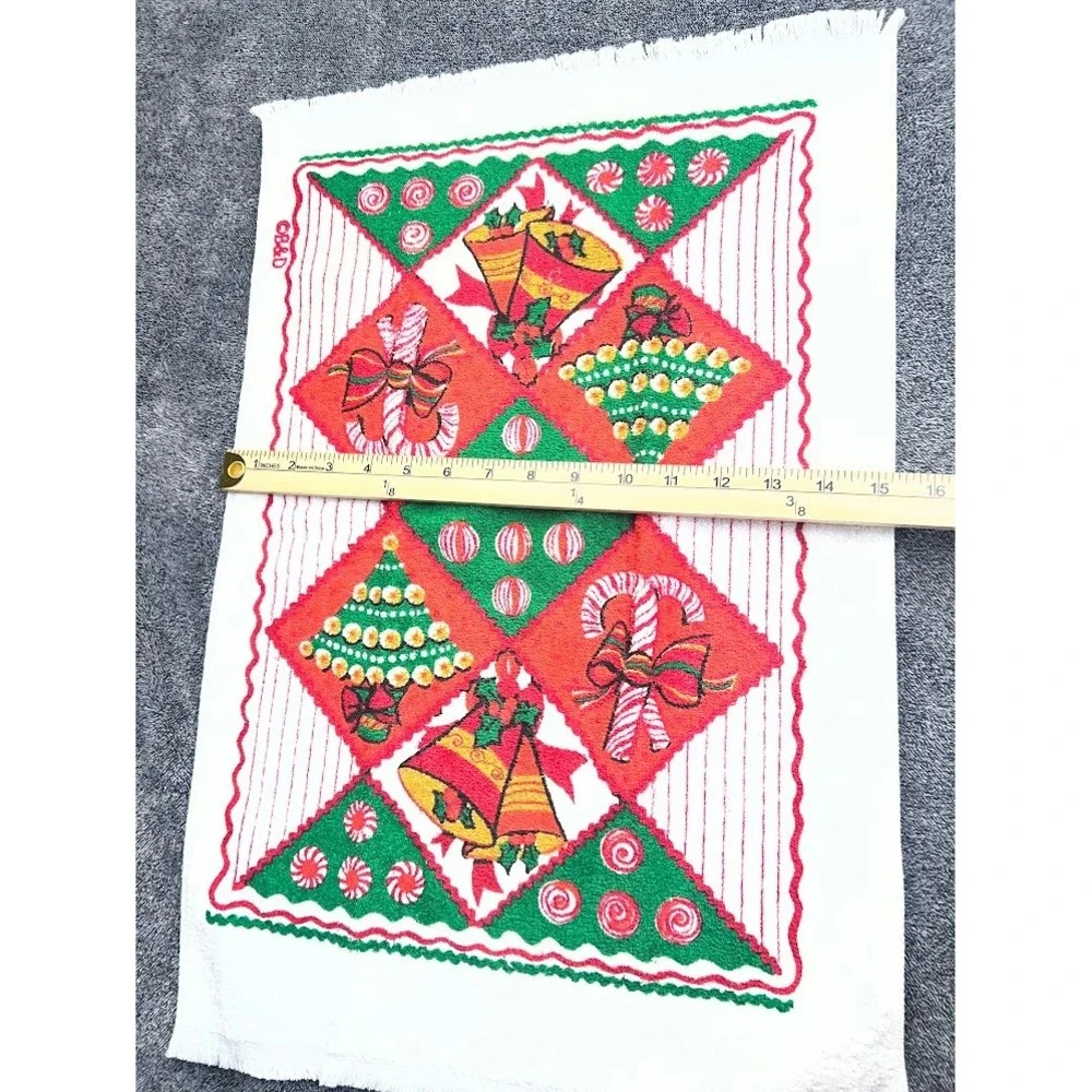 Vintage B&D Christmas Hand Towels Set of 2 Nutcracker Bells Candy Cane Fringe